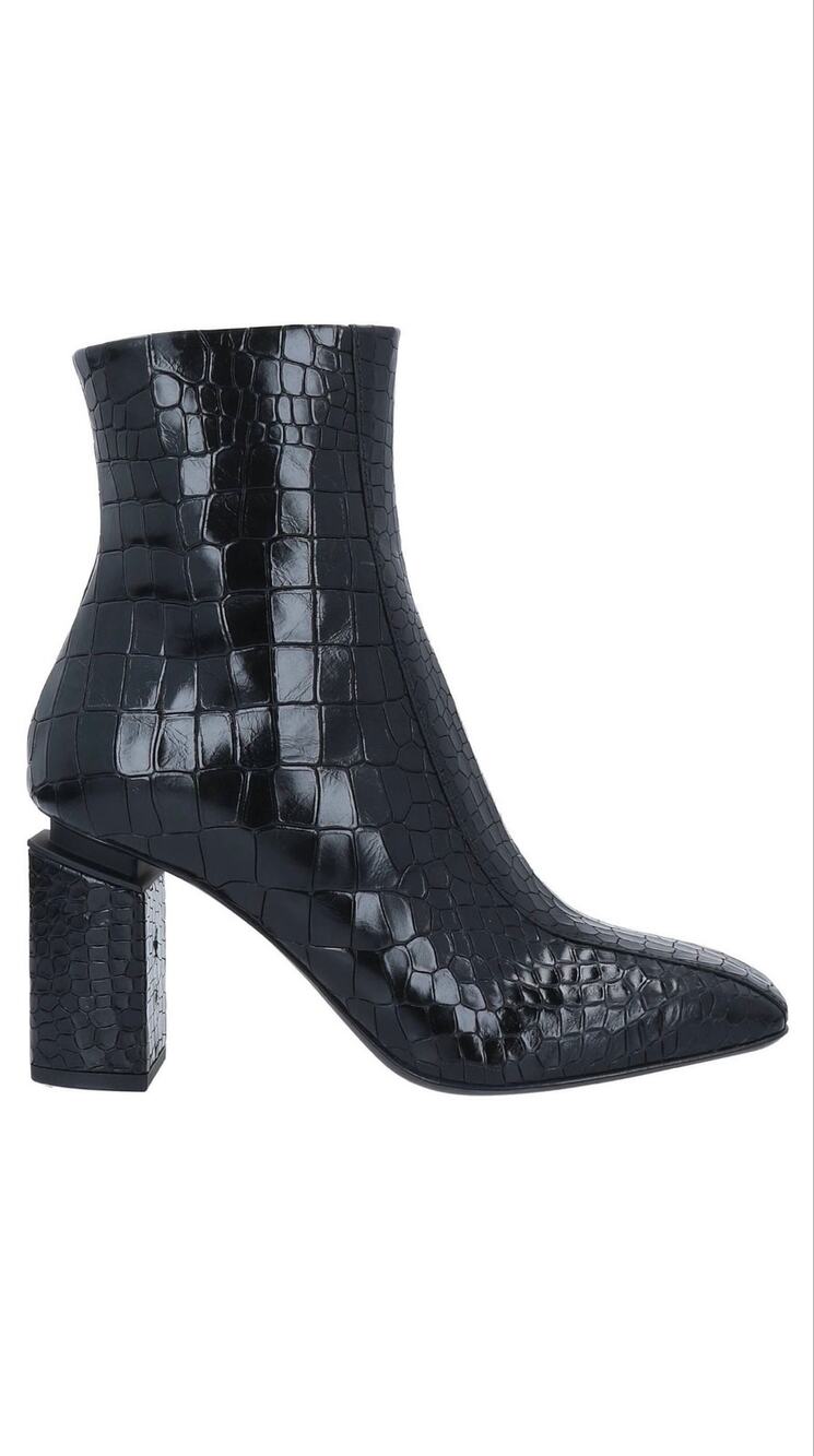 Black Square Toe Ankle Boots by Vic Matie in Croc-Embossed Patent Leather